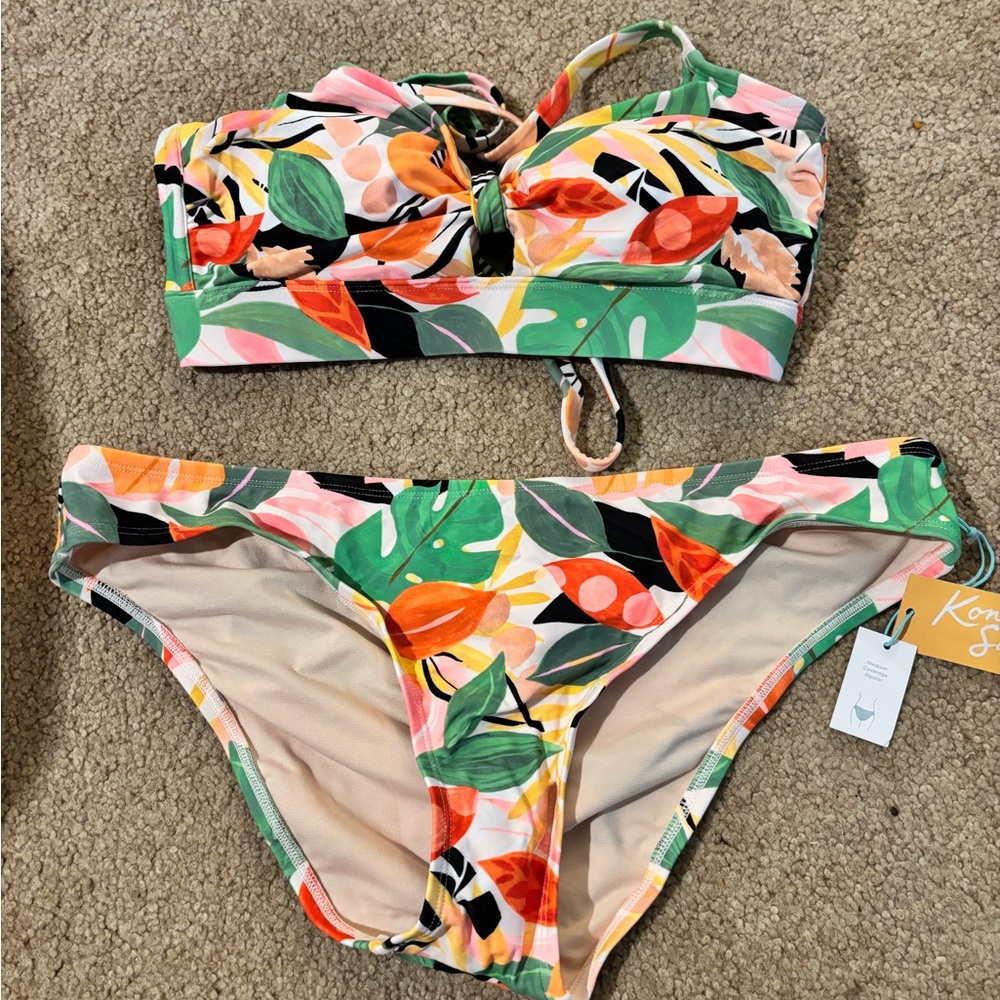 Tropical Leaf Print Bikini Set - Green, Orange, Pink